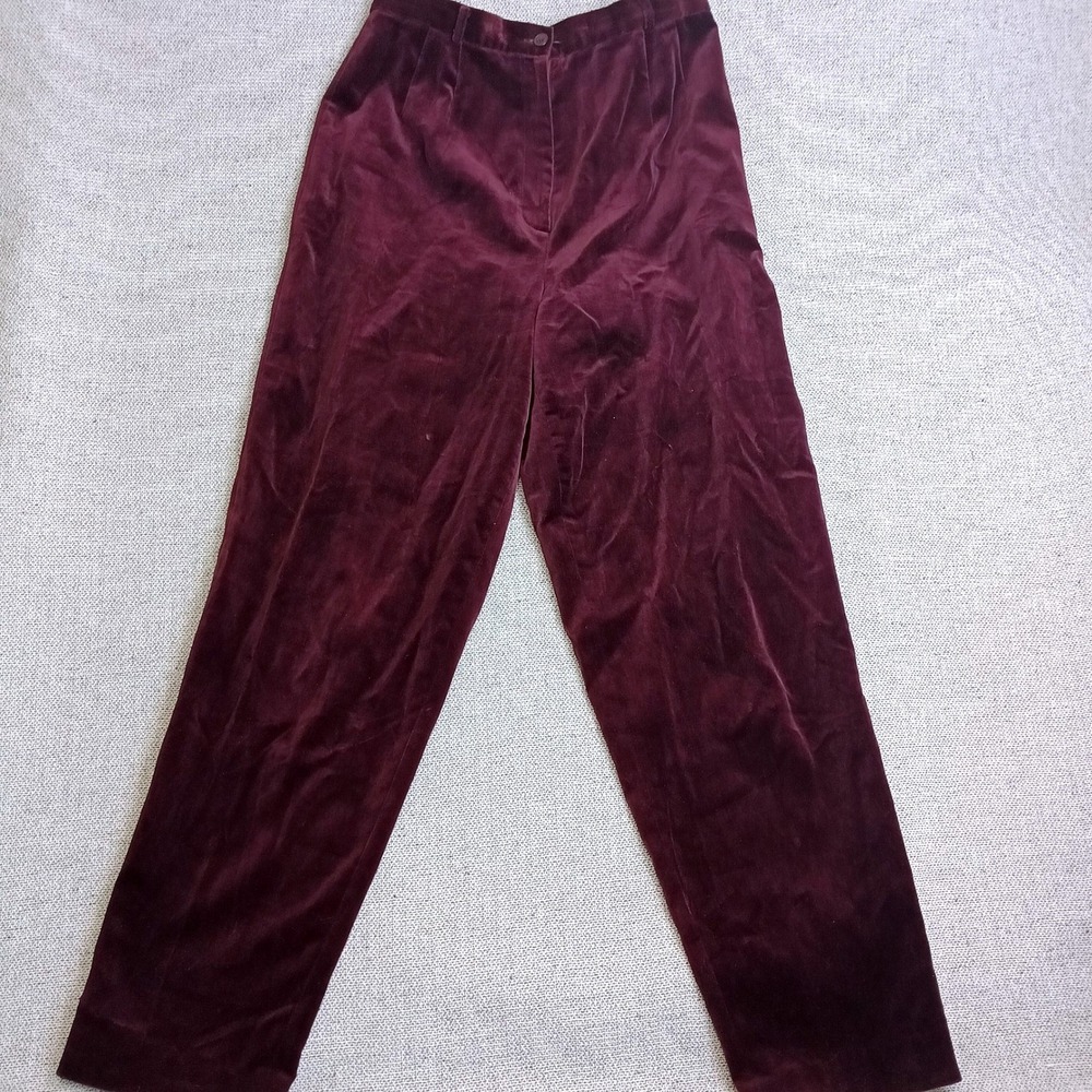 Talbots Velvet Pants Womens 10 Burgundy Excellent Pleated High Rise Straight Leg